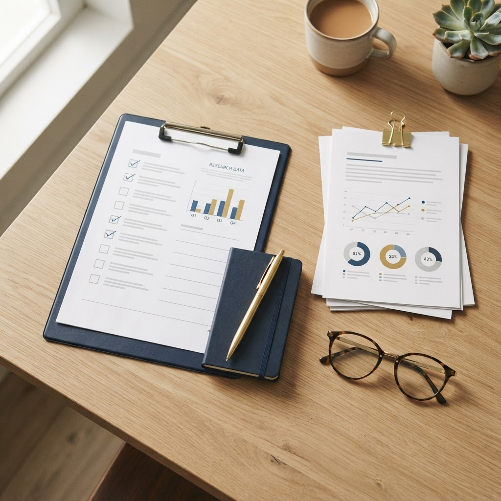 Survey research materials including a clipboard, checklist and data charts arranged on a desk